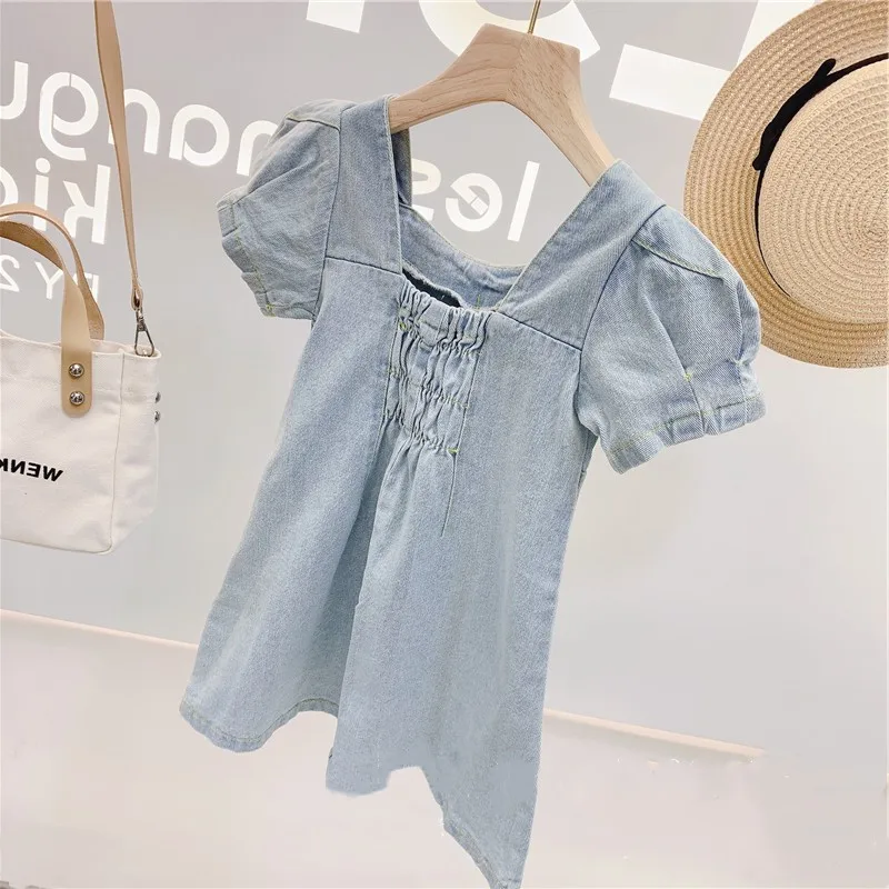 Hot Sale Summer Children Baby Girls Clothing Bubble Sleeve Denim Jeans Dresses Toddler 3-7Y Kid Girls Princess Party Dresses