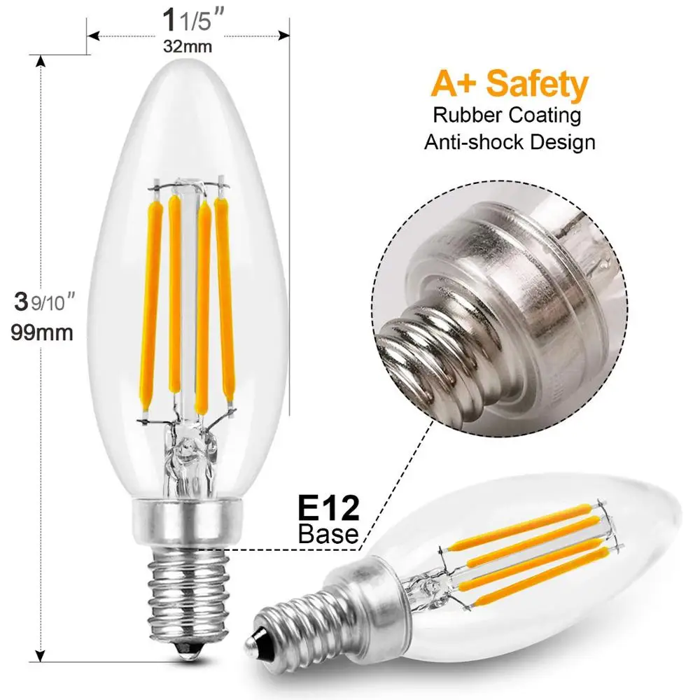 
Dimmable LED Filament Candle Bulb 2W 4W 6W E12 E14 B15 B22 LED Light Bulbs 90+ CRI 2700K 3000K 4000K 5000K 