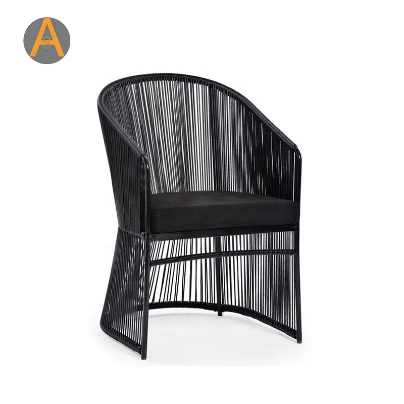 Modern aluminum frame armrest handle oval back Rattan strings rope outdoor dining chair for garden furniture