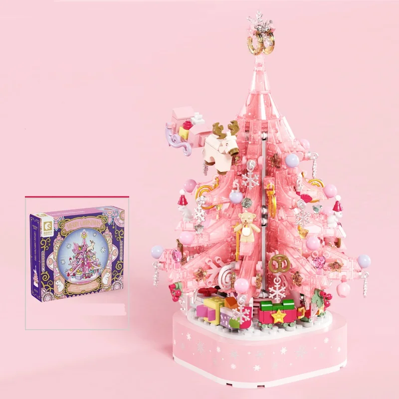 building block set diy tree music box decorations with lights new year decor 2024 christmas tree blocks