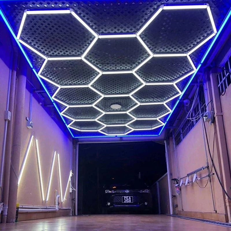 One-step Connection High Flux Car Showroom Ceiling Light Auto Workshop Designed Pink Outframe LED Hexagonal Kit