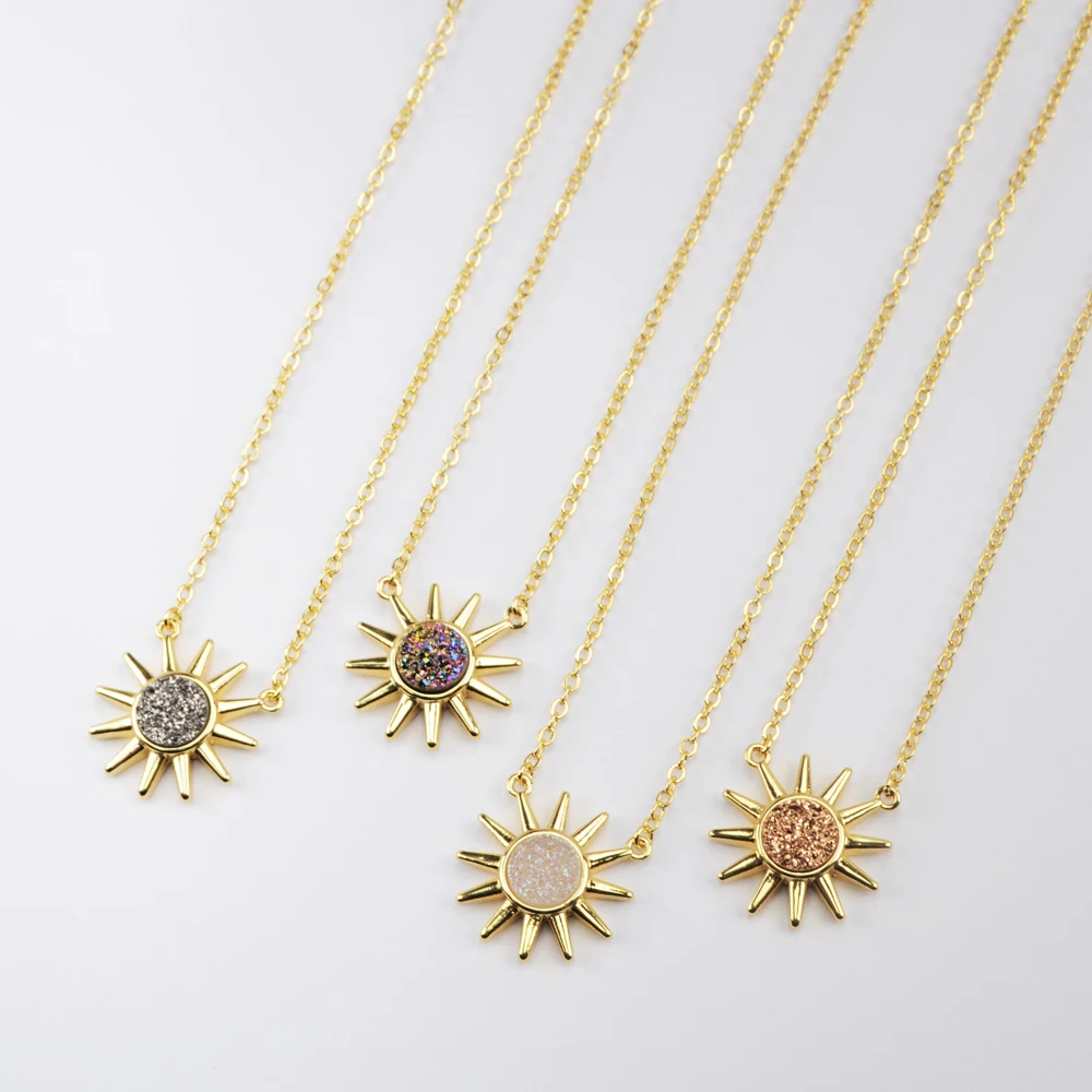 Fashion 18k gold plated women natural agate drusy pendant necklace waterproof sun druzy necklace