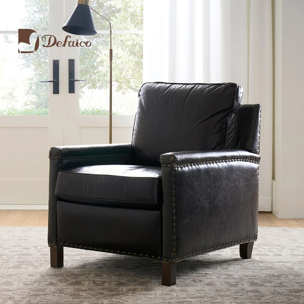 Defaico Exclusive Top Grain Cow Leather Manual Power Recliner Chair Black Real Leather Reclining Armchair