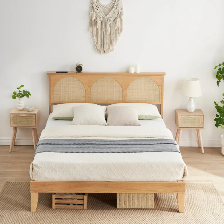 24 Years Factory Direct Bohemian Rattan Bed Frame  with Natural Rattan Headboard and  LED Lights