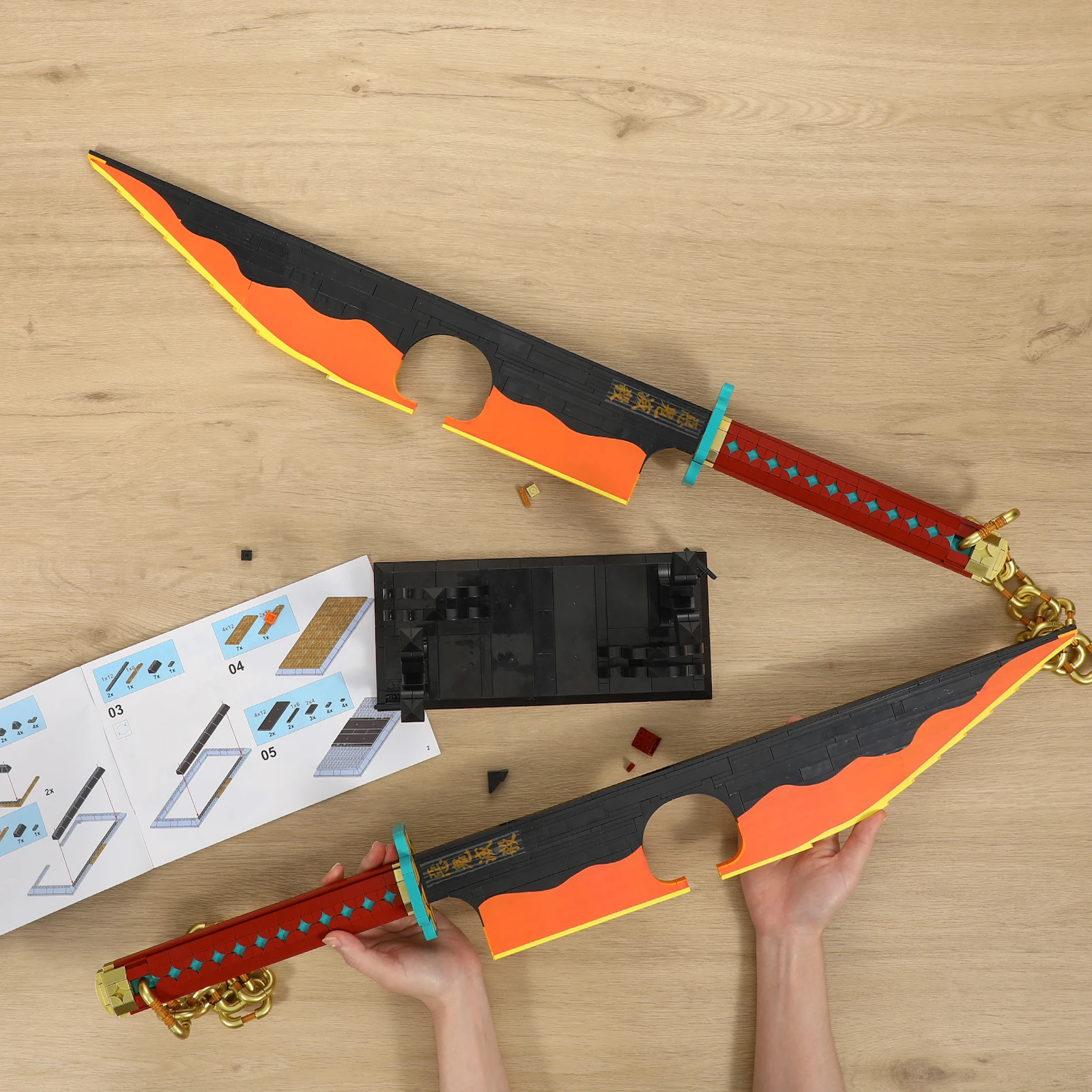 Tengen Uzui Sword Building Blocks Sets, Anime Cosplay Demon Sword with Stand Holder, Katana Samurai Toy Sword Building Kit
