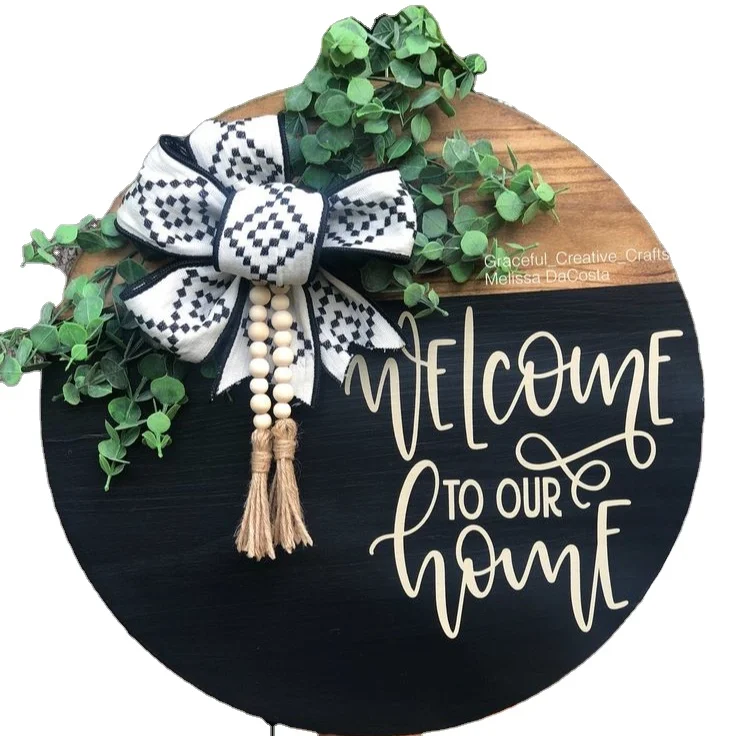 Wall Decor Wooden Rustic Welcome sign Round Wall Art hanging sign board  wood bead garland farmhouse with Tassels