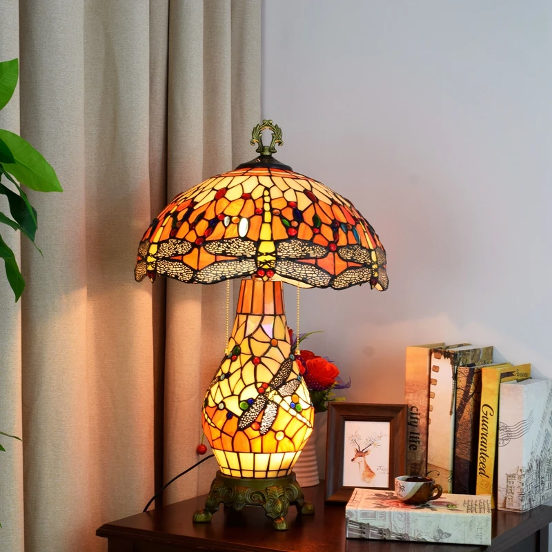 16 Inch Tiffany Dragonfly lamp shade designer European Style Luxury stained glass Table lamp bedside office decor desk lights