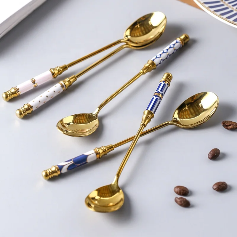 Stainless Steel Long Handle Coffee Fork Spoon Creative Luxury Ceramic Handle Dessert Fruit Milk Stirring Flatware Sets