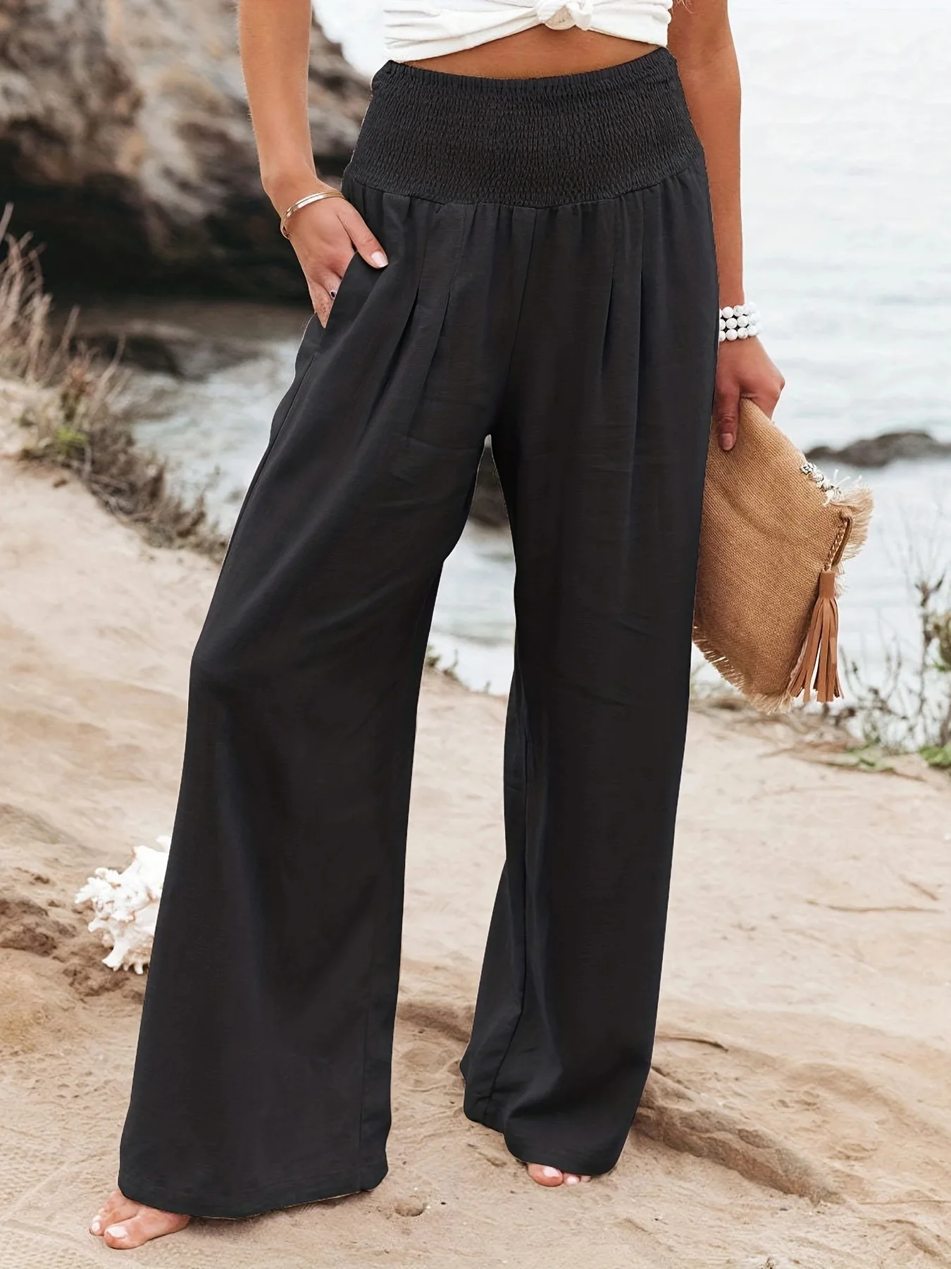 Popular Spring Autumn Women Casual Wide Leg Pants Solid Color Cotton Linen Mid Waist Trousers