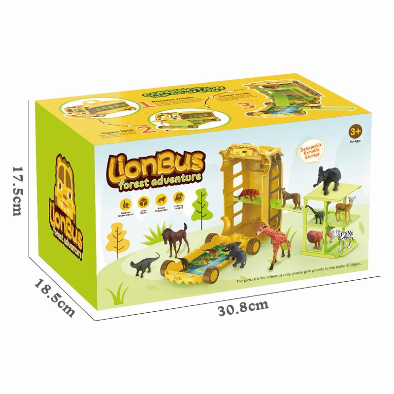 Children Cute Cartoon Lion Car Forest Animals Transporter Set Kids Plastic Zoo Animals Toy Storage Bus with 12PCS Wild Animals