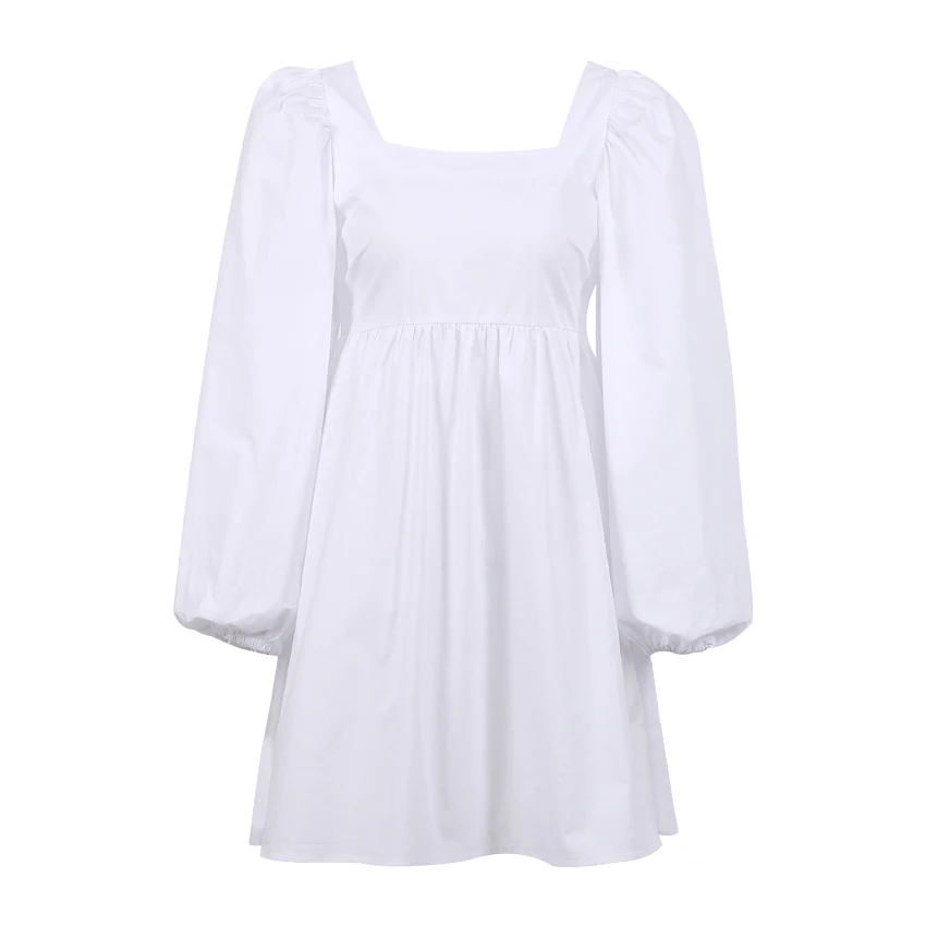 OOTN Long Sleeve Lace-Up Open Back Square Collar Chic Casual Women Dresses Winter Purple Sexy Ladies Solid Short Autumn Dress