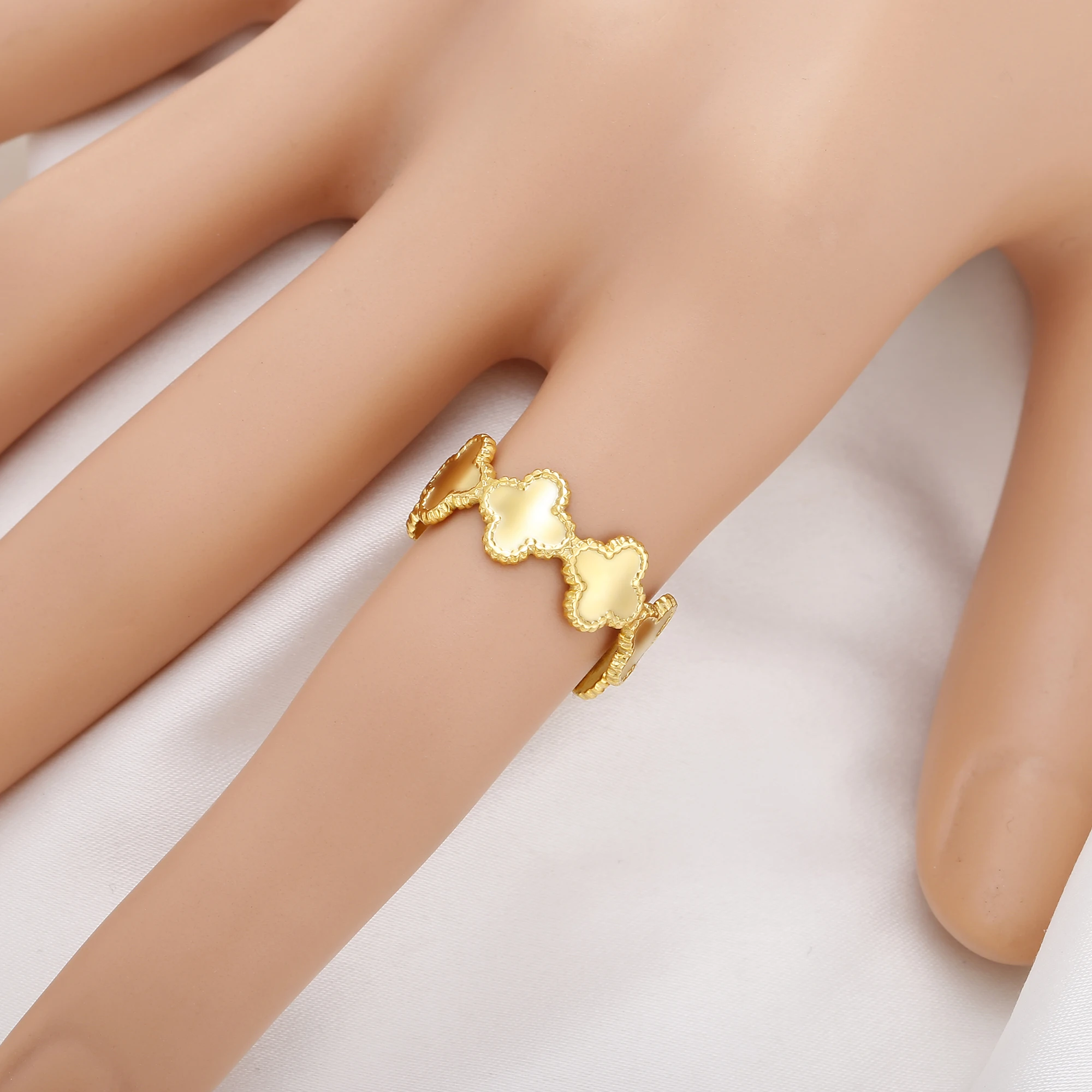 Women Jewelry Gold Plated Lucky Four Leaf Clover Ring Adjustable Stainless Steel Finger Ring