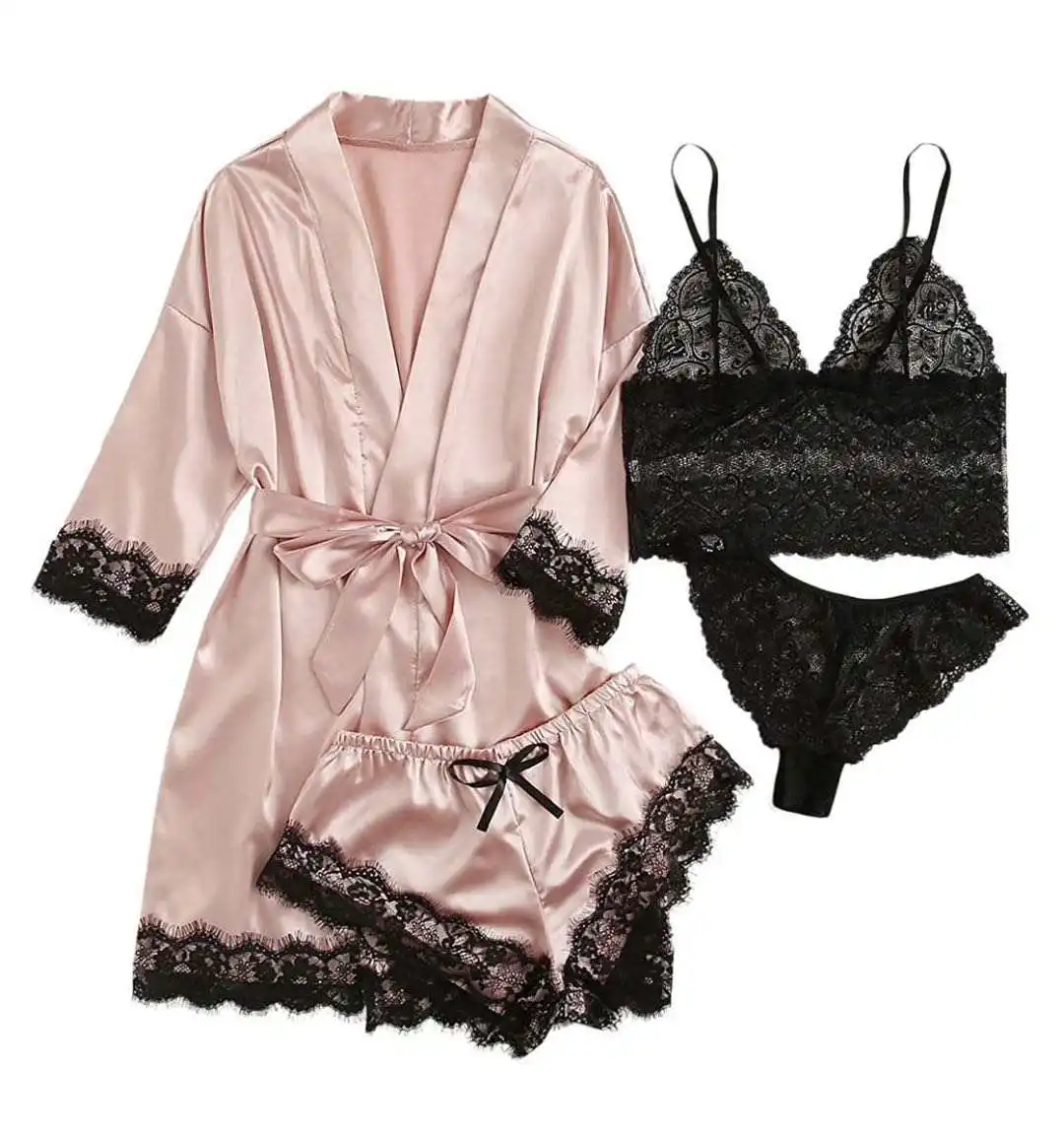 Exotic Sets Silk Satin Kimono women sleepwear Lingerie Sleepwear