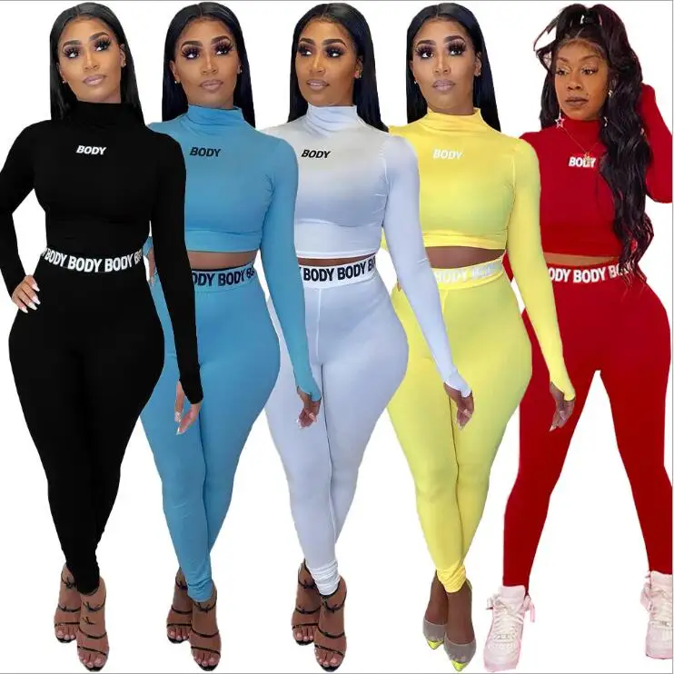 Fall 2 Piece Set Women Clothing Long Sleeve Top Pants Sets Women Active Wear Gym Fitness Slim Fit Body Suit Two Piece Set