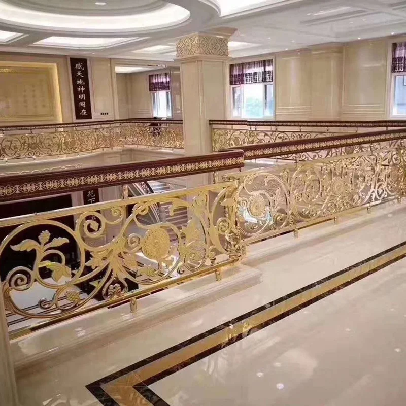 Hotel Luxury Carved Pattern Gold Color Stainless Steel Indoor Railing Stairs Railing Designs In Steel