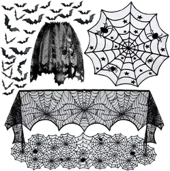 5pack Halloween Decorations Tablecloth Runner Black Lace Round Spider Cobweb Table Cover