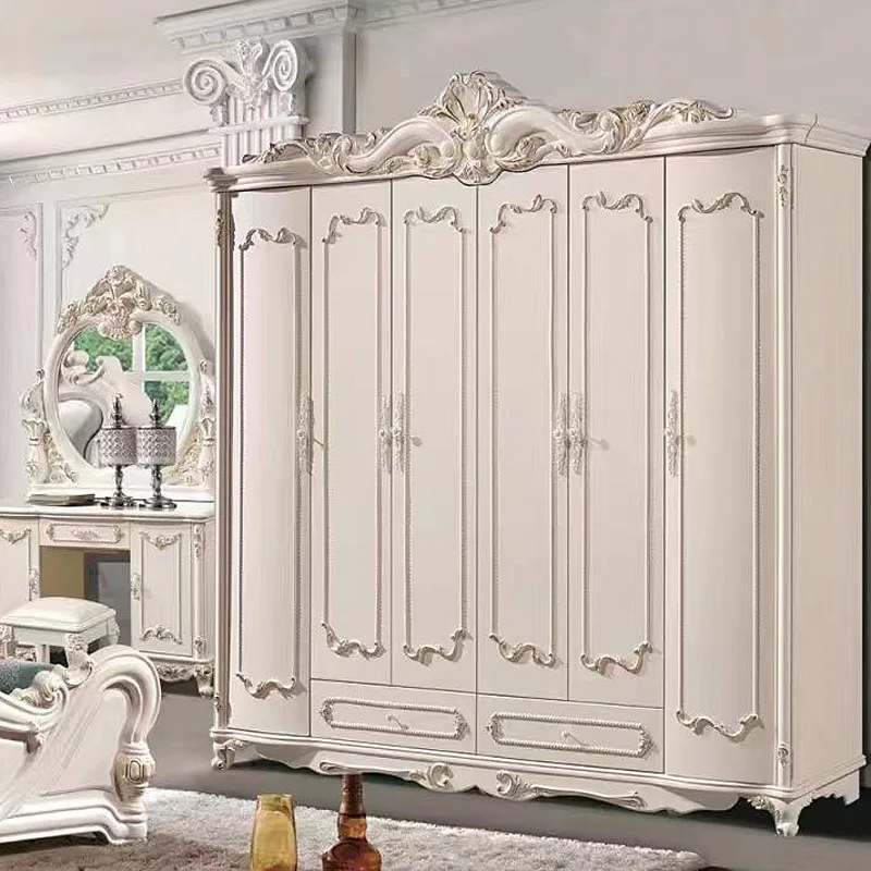 French White Queen Size Double Bed Frame Room Full Set Furniture American Style King Size Bedroom Sets With Storage Wardrobes