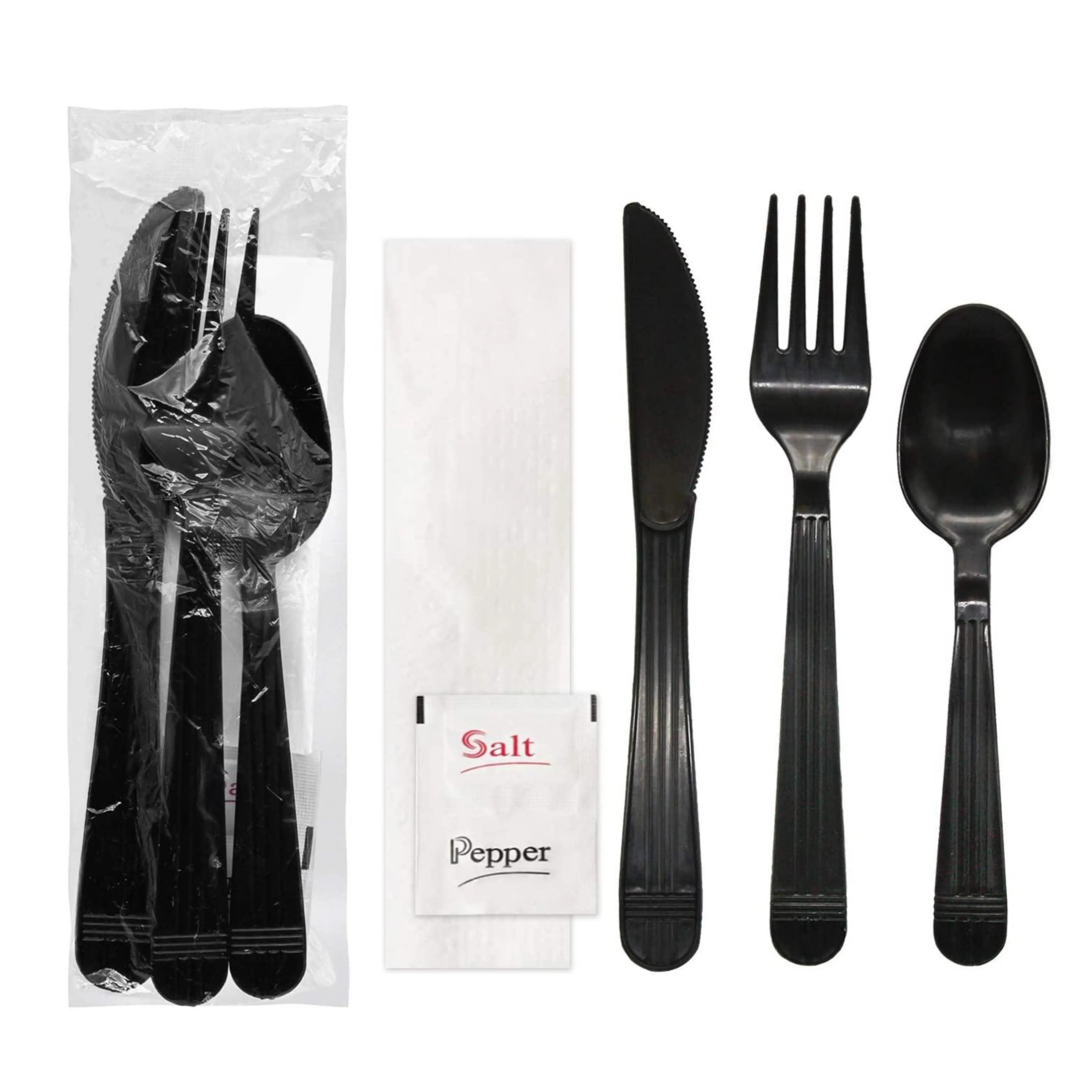 Партии предметов в упаковке одна пара черные пластиковые столовые приборы пакетов/Heavy Duty Наборы вилка/ложка/нож/салфетка/
