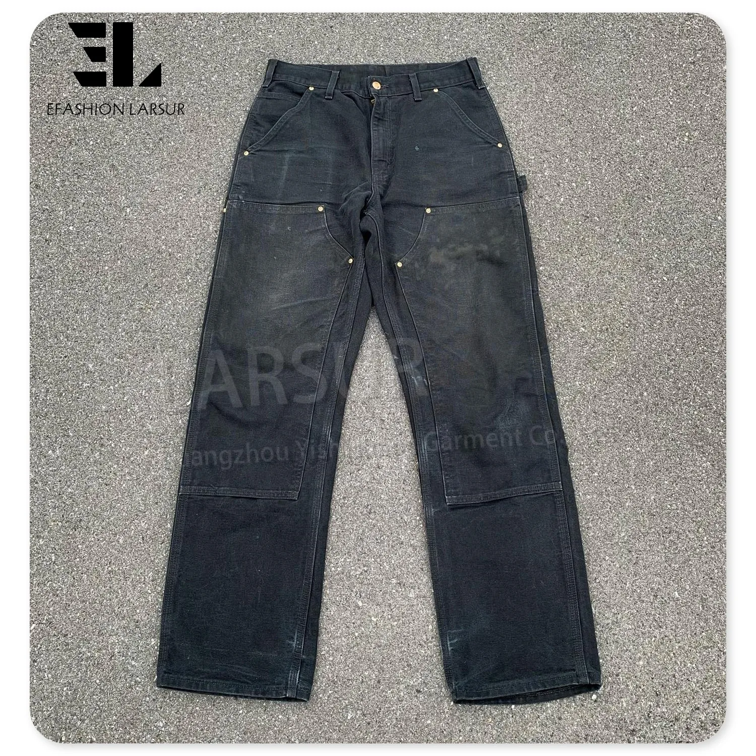 LARSUR Custom factory distress wash twill canvas cargo pants with pocket tactical straight double knee carpenter work pant men