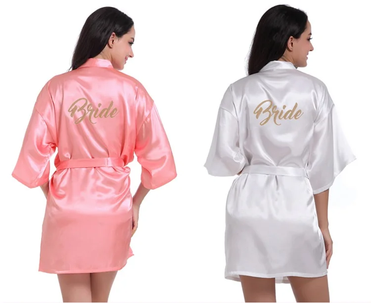 
Wholesale Satin Bride and Bridesmaid Silk Robe Wedding Designer Bathrobe Short Robe with Gold Glitter 