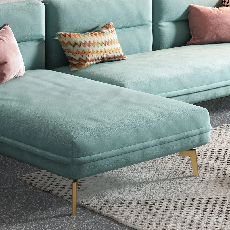 Modern Leisure L-shaped Blue Velvet Corner Couch Set Furniture Living Room Sofa