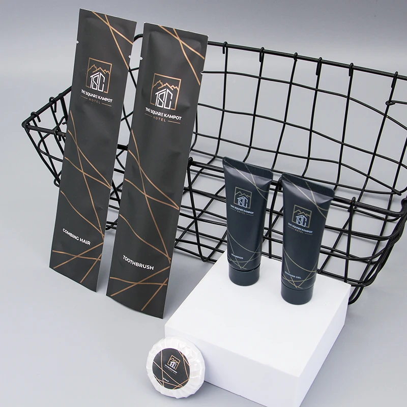 Eco friendly grey tube transparent amenities personalised hotel amenities