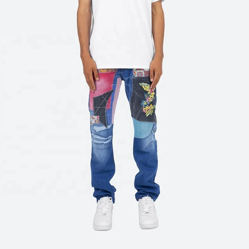 Custom Style Jean For Man Embroidery Distressed Patchwork Lace Ripped Regular Denim Pants