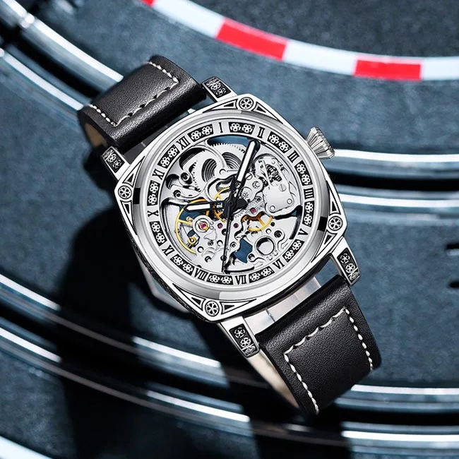 Luxury Leather Para Hombres Relojes De Acero Inoxidable Skeleton Stainless Men Wrist Automatic Mechanical Movement Watch