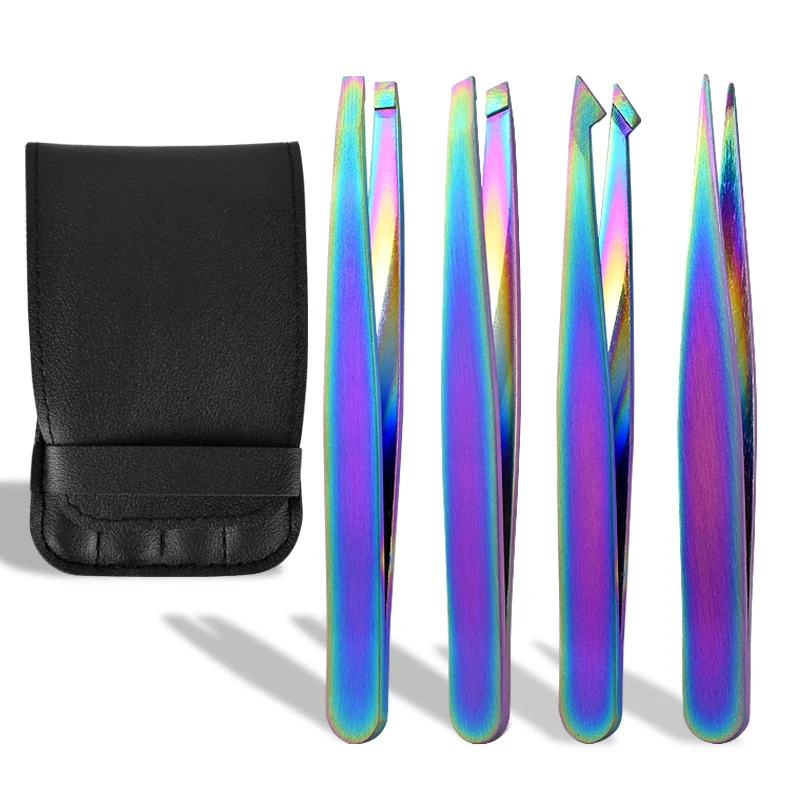 Professional Rainbow Stainless Steel Eyelash Eyebrow Grooming Tweezers Set 5pcs Private Label with Slanted Hair Removal tool