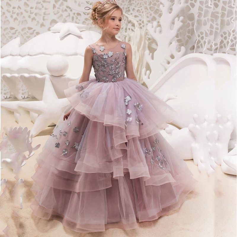 Boutique Wholesale Kids Evening Gown Girls Dress Wedding Party Long Gowns Baby Purple Dressing Tulle Princess Dresses