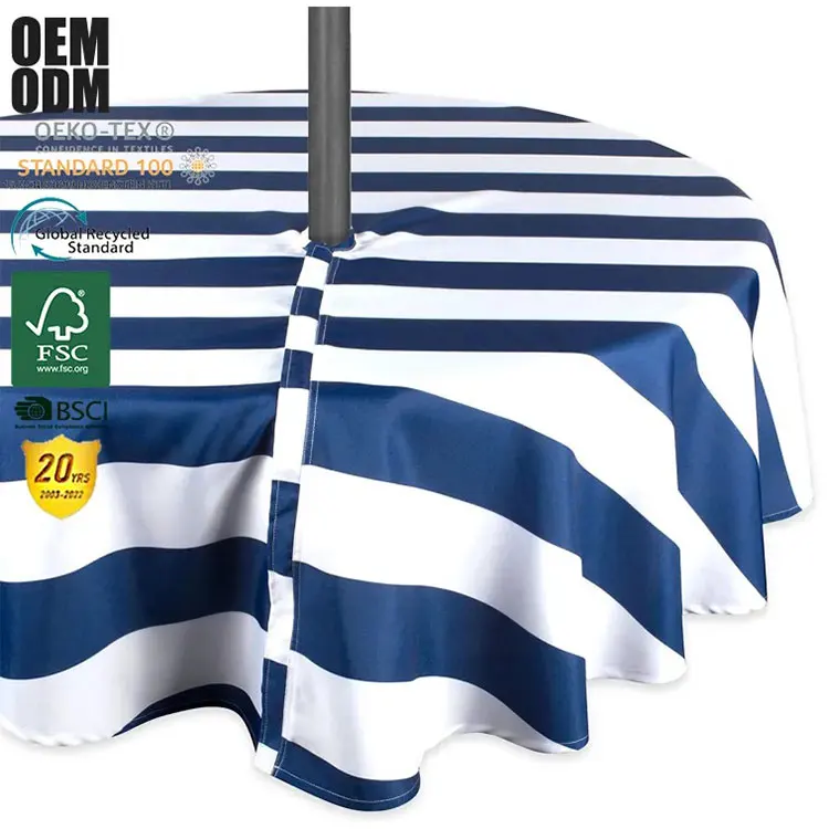 Outdoor Indoor Nautical Blue Cabana Stripe Printed Table Cloth Wipeble Waterproof Table Cloth With Zipper And Umbrella Hole