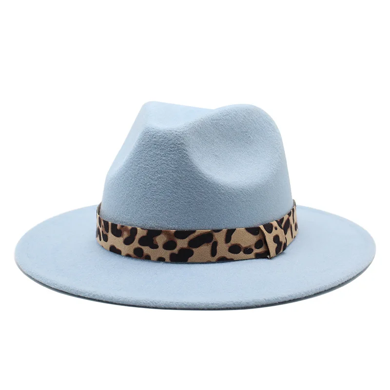 Wholesale 2021 Women Fedora Hats Classics Solid Color Wide Brim Wool Felt Jazz Fedora Hats With Leopard Printed Bands