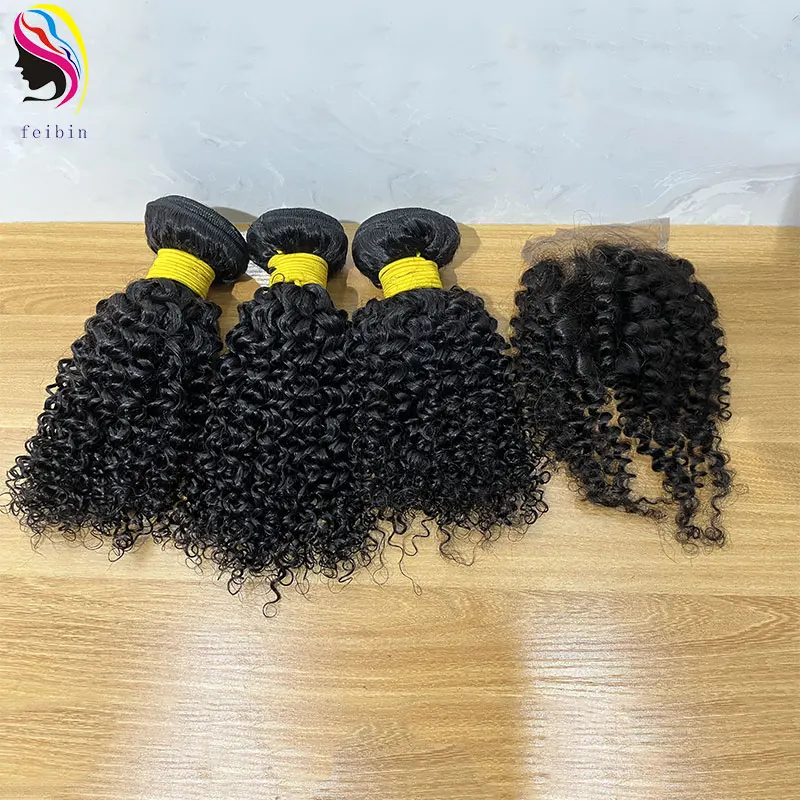 Grade 9A Kinky Curly Natural mink brazilian virgin raw indian cuticle aligned vendor Human Hair Bundle with lace closure