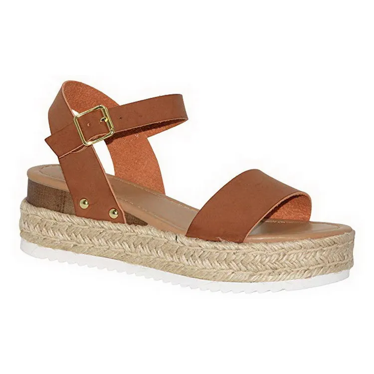 Wholesale Adjustable Ankle Strap Women Sandals Espadrilles Wedge Heel