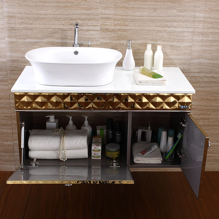 Luxury Royal Classic Gold Bathroom Waterproof Make Up Vanity Cabinet Units with Marble Countertop Single Sink for Home Furniture