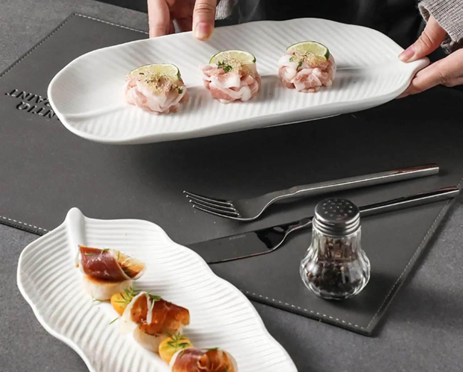 Nordic Ins style white Ceramic feather banana leaf plate porcelain sushi dessert plate barbecue Tray hotel tableware