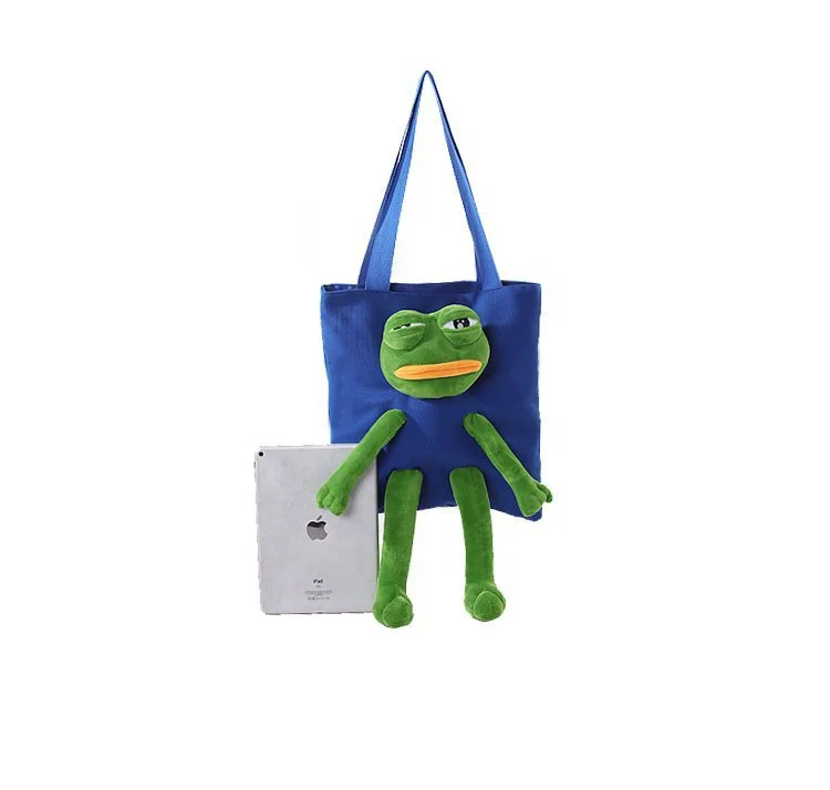 Canvas Green frog tote shoulder bag cute plush green frog student handbag natural canvas tote bags canvas zipper frog bag