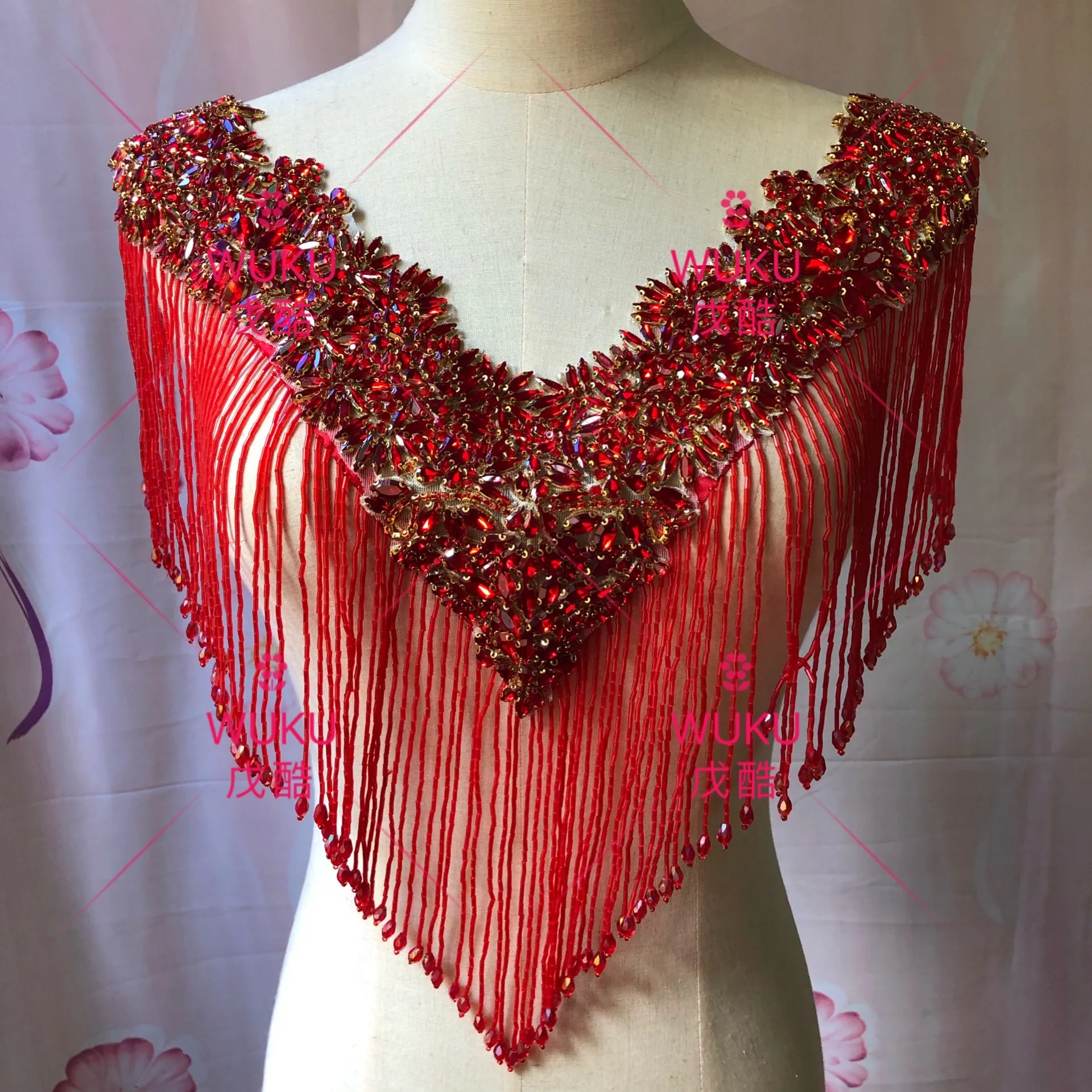 
2021 wuku bling bling crystal bolero with tassel fringe in red 