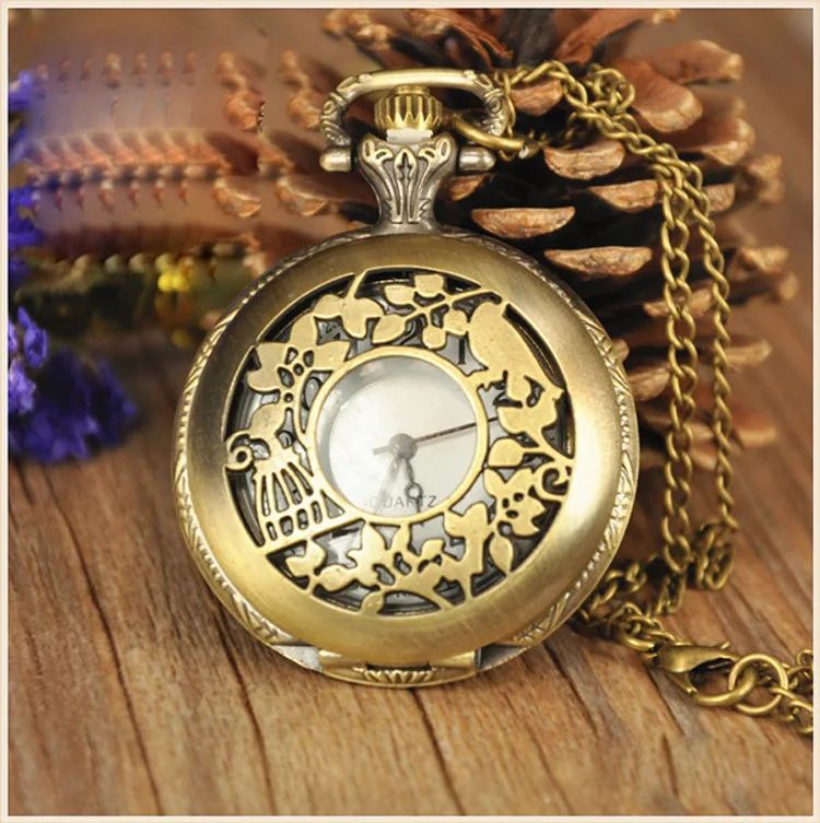Bronze Skeleton Case Design Japan Movt Quartz Custom Pocket Watch with Chain for Men and Lady
