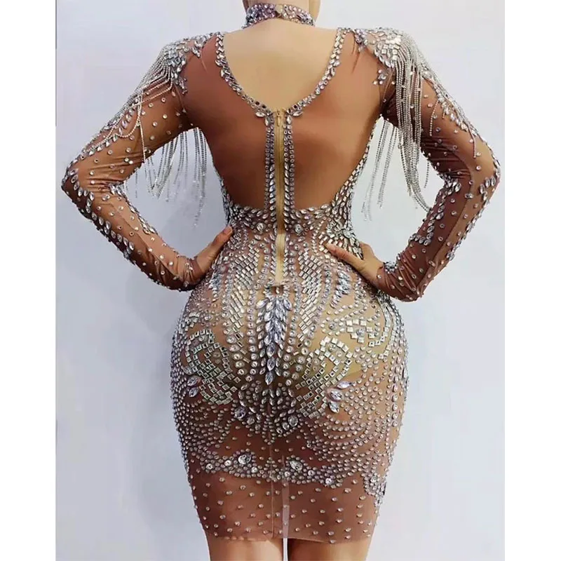 Новое поступление 2023, роскошное вечернее мини-платье J & H со стразами, кисточками и бриллиантами, женское элегантное сексуальное Клубное платье с длинным рукавом