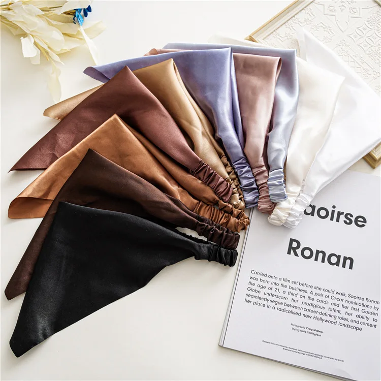 New Style Simple Satin Elastic Band Head Bandanas Scarf Solid Color Fabric Triangular Head Wraps For Women