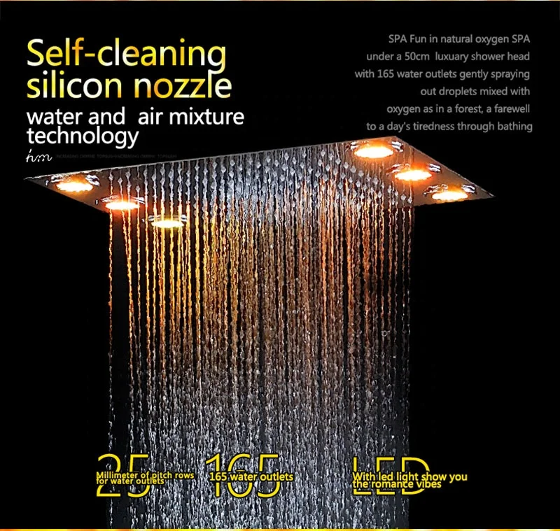 New Style 304 stainless steel rainfall Bath led electric shower head ceiling overhead shower with rainbow light