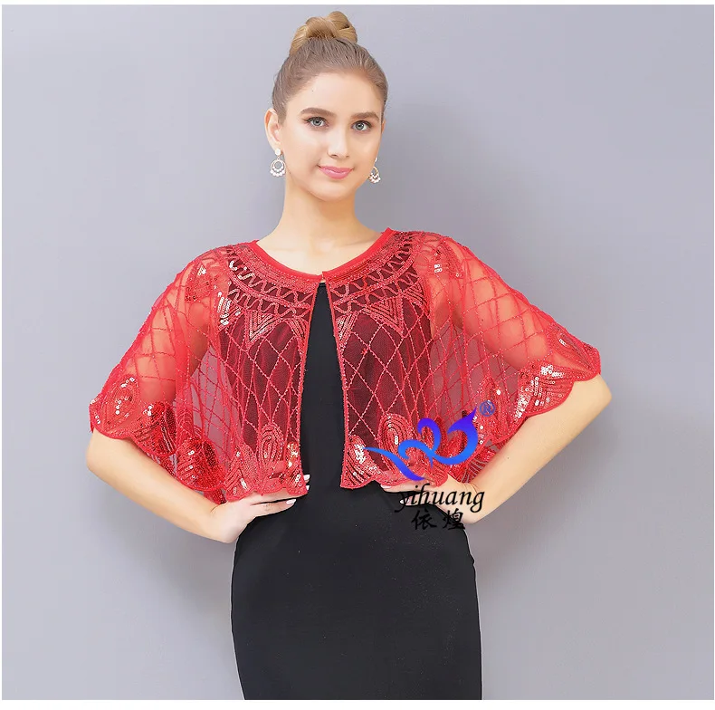 women latest  sequin mesh  bolero  lady green white red sequin wedding party  cloak  dance shawl