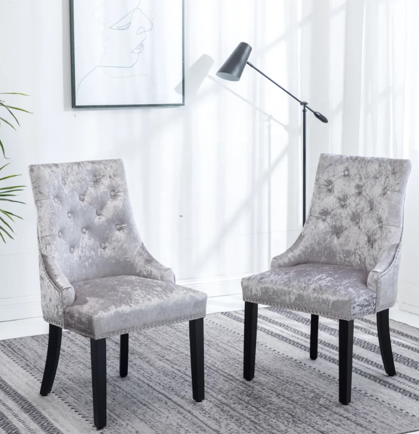 Mink color crushed velvet tufted wooden dining chair round knocker