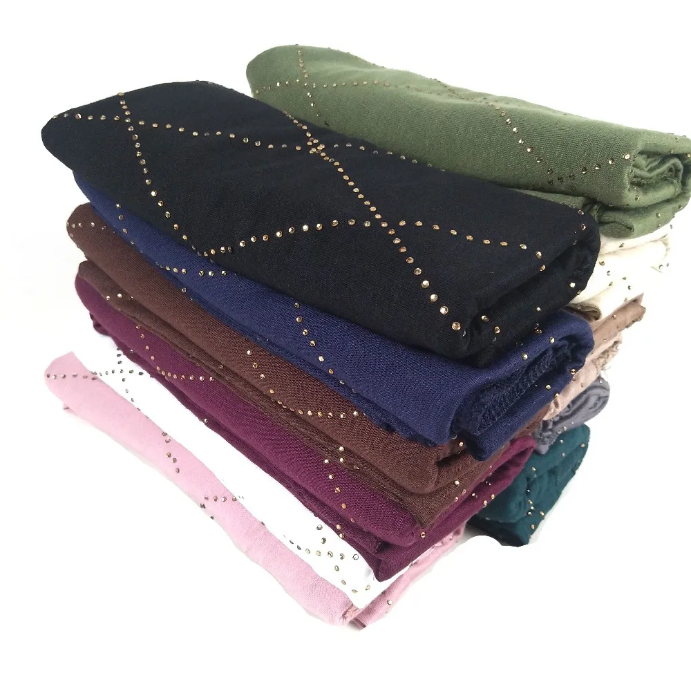 2021 Muslim Fashion Hijabs Scarfs Solid Color Shiny Shawl Bubble Cotton Linen Hijab With Rhinestone