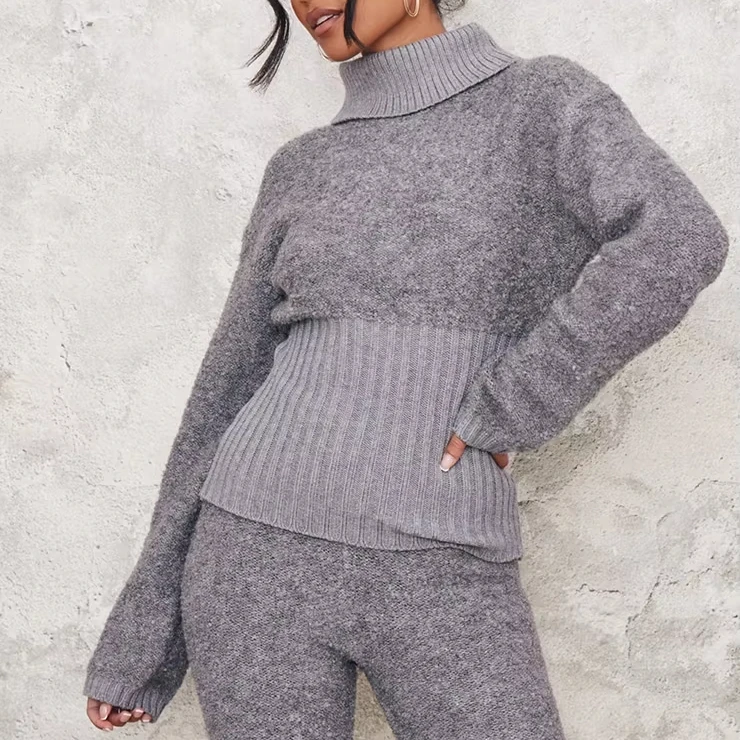 2025 Winter wholesale solid color loose casual pullover turtleneck sweater knitted trousers 2 piece set women sweater