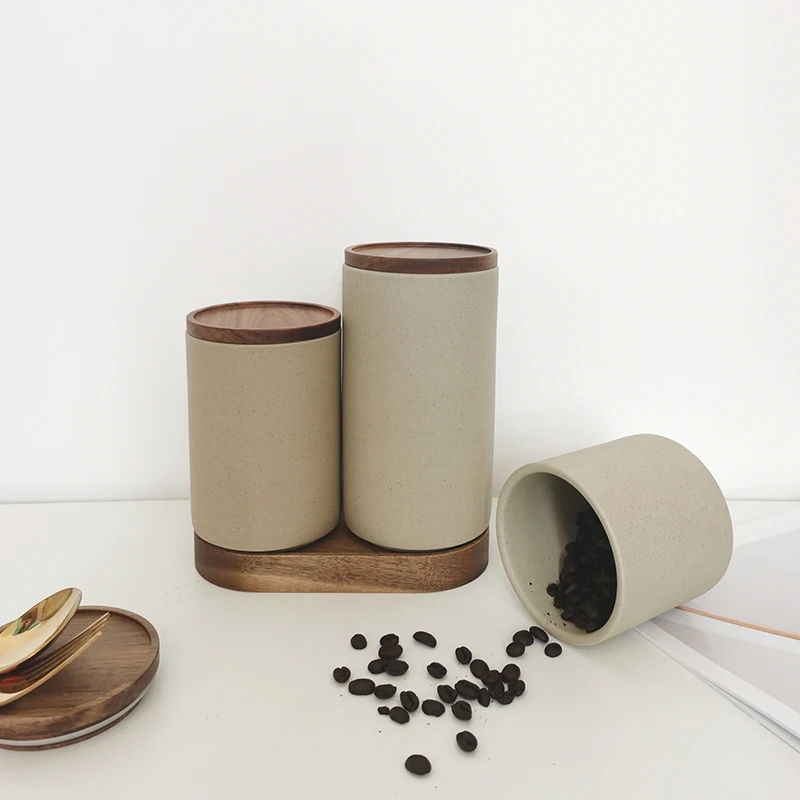 Porcelain Custom Kitchen Food Snack Tea Coffee Bean Sugar Ceramic Candy Cookie Canisters Tray Storage Jar With Wooden Lid Set