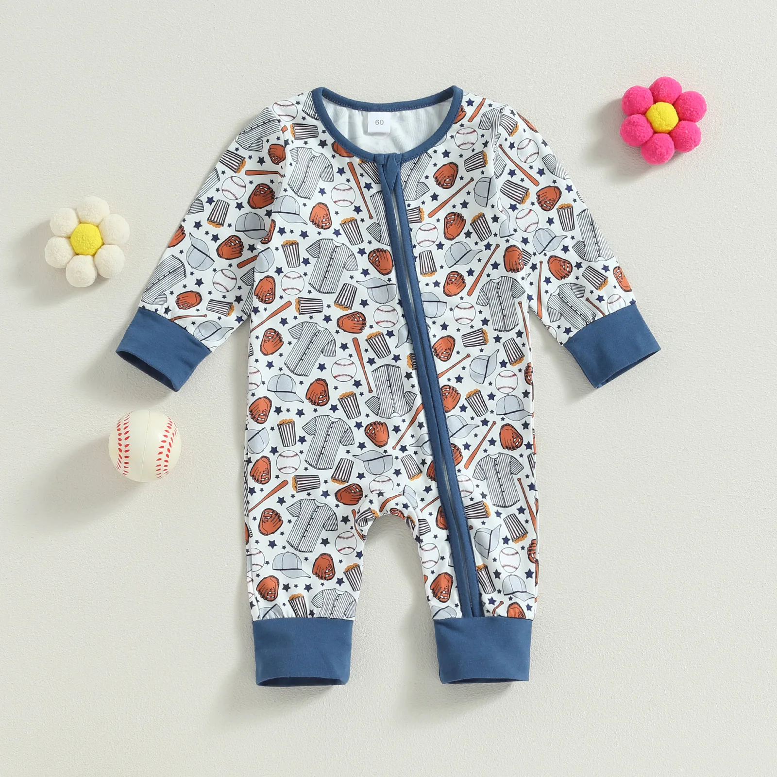 Custom Gender Neutral Kids Clothes Baby Jumpsuit For One Month Girl Overall Baseball Printed Zipper Long Sleeves Romper