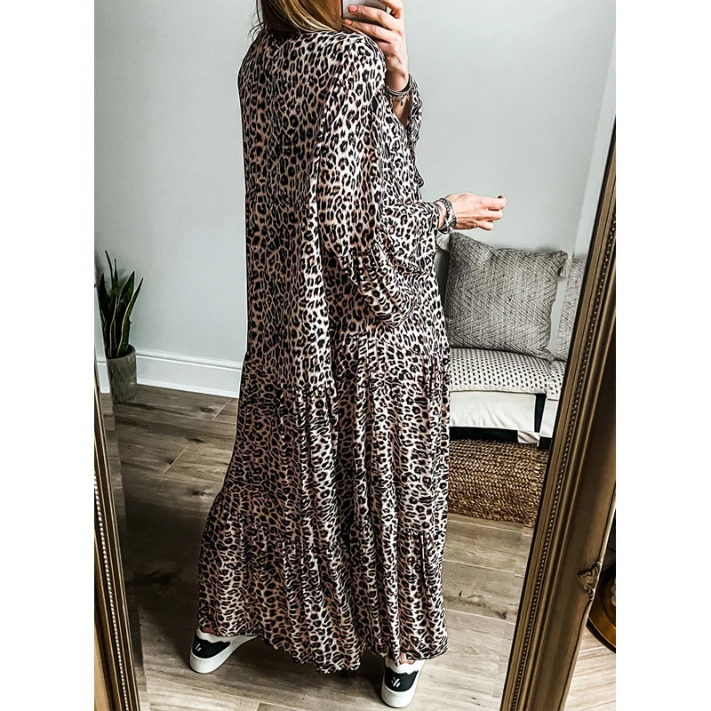 Dear-Lover Wholesale Fashion High Quality Western Clothing Women V Neck Polyester Leopard Print Tiered Long Sleeve Maxi Dress