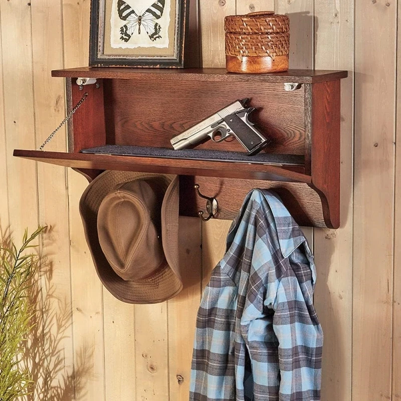 Rustic Wall Mounted Wood Concealment Shelf Storage Organizer Wooden Floating Shelf With 3 Hanging Hooks and Secret Compartment